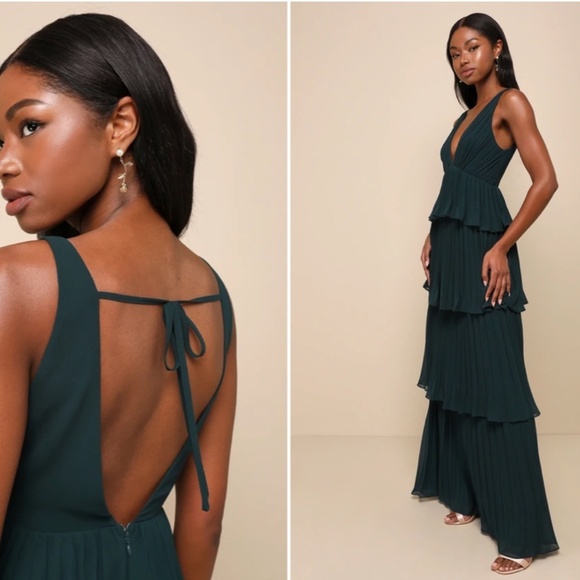 LULU's Prom Wedding Bridesmaid Pleated Tiered Boho Sexy FLowy Ruffles Maxi Dress - Picture 3 of 3